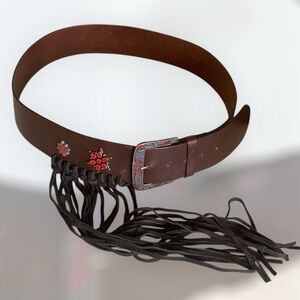 Albatros Wide Fringed Jeweled Leather Belt XL Brown Coastal Cowgirl Normcore